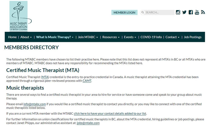 Music Therapy Association members directory